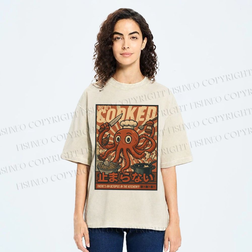 Unisex Japanese Cooking Octopus Printed Washed Tee