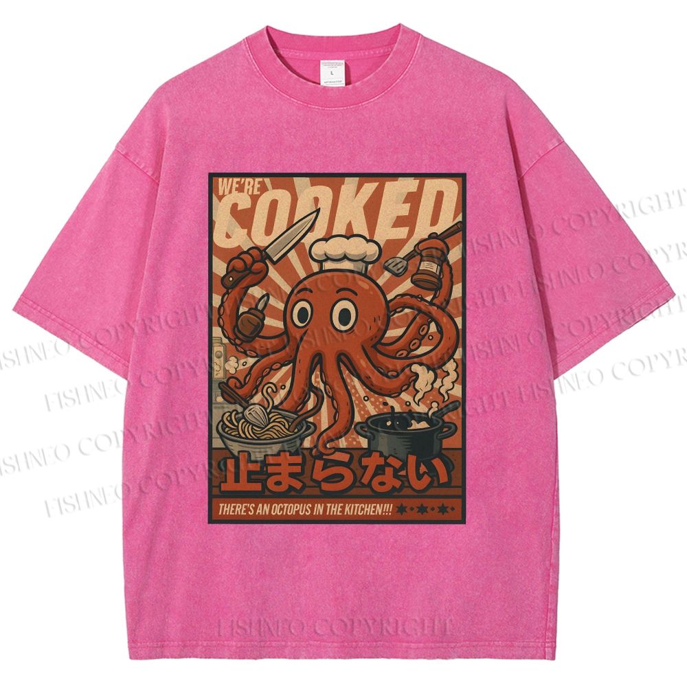Unisex Japanese Cooking Octopus Printed Washed Tee