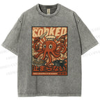 Unisex Japanese Cooking Octopus Printed Washed Tee