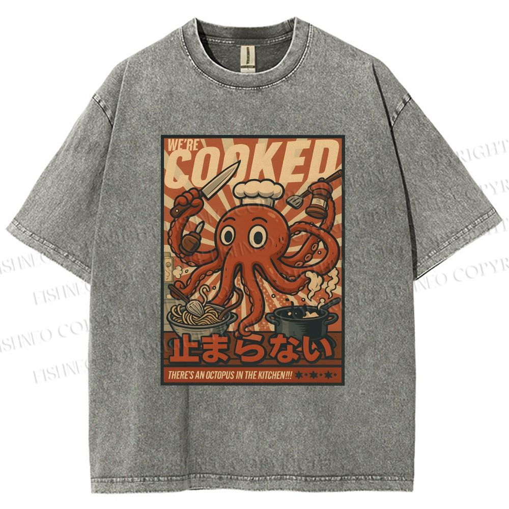 Unisex Japanese Cooking Octopus Printed Washed Tee