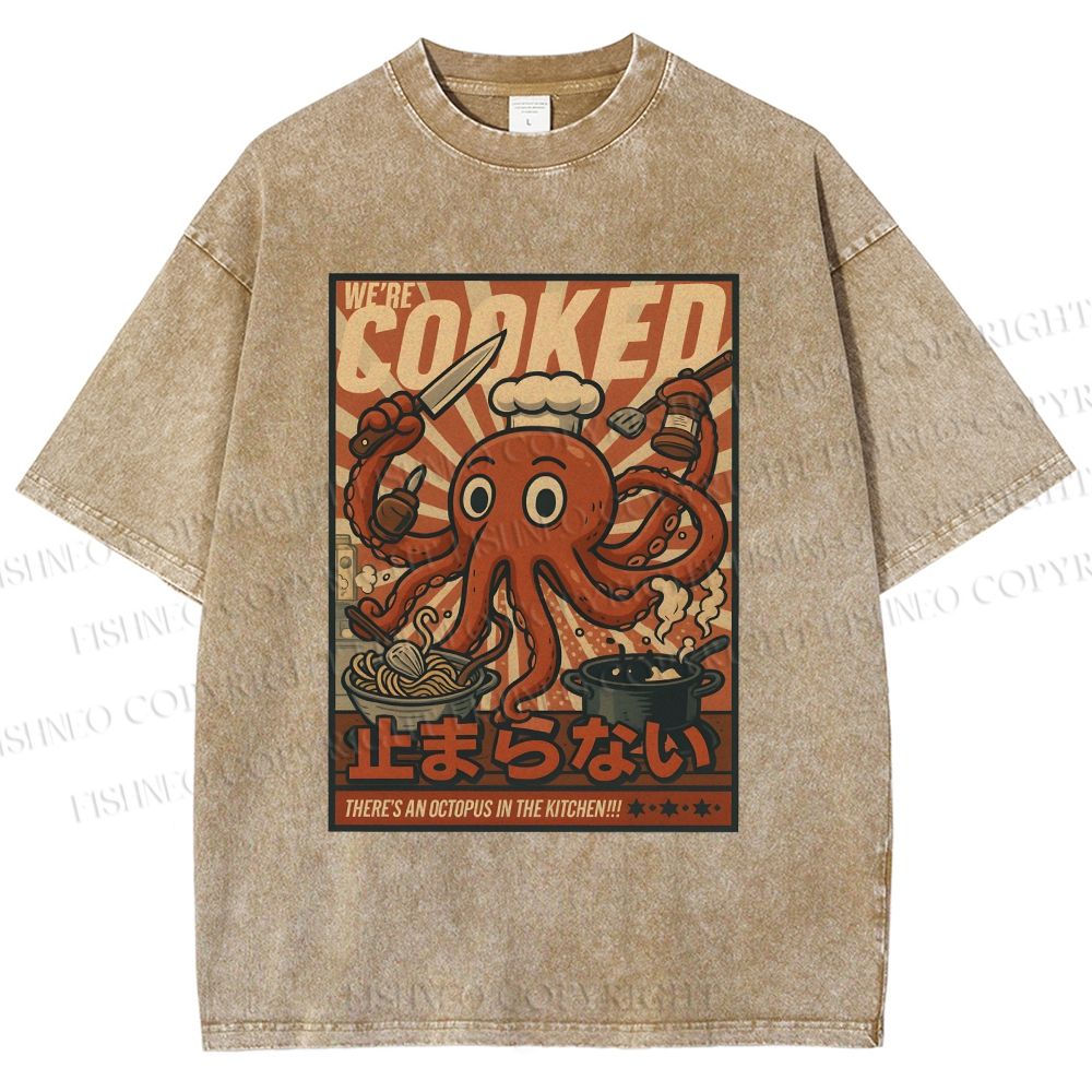 Unisex Japanese Cooking Octopus Printed Washed Tee