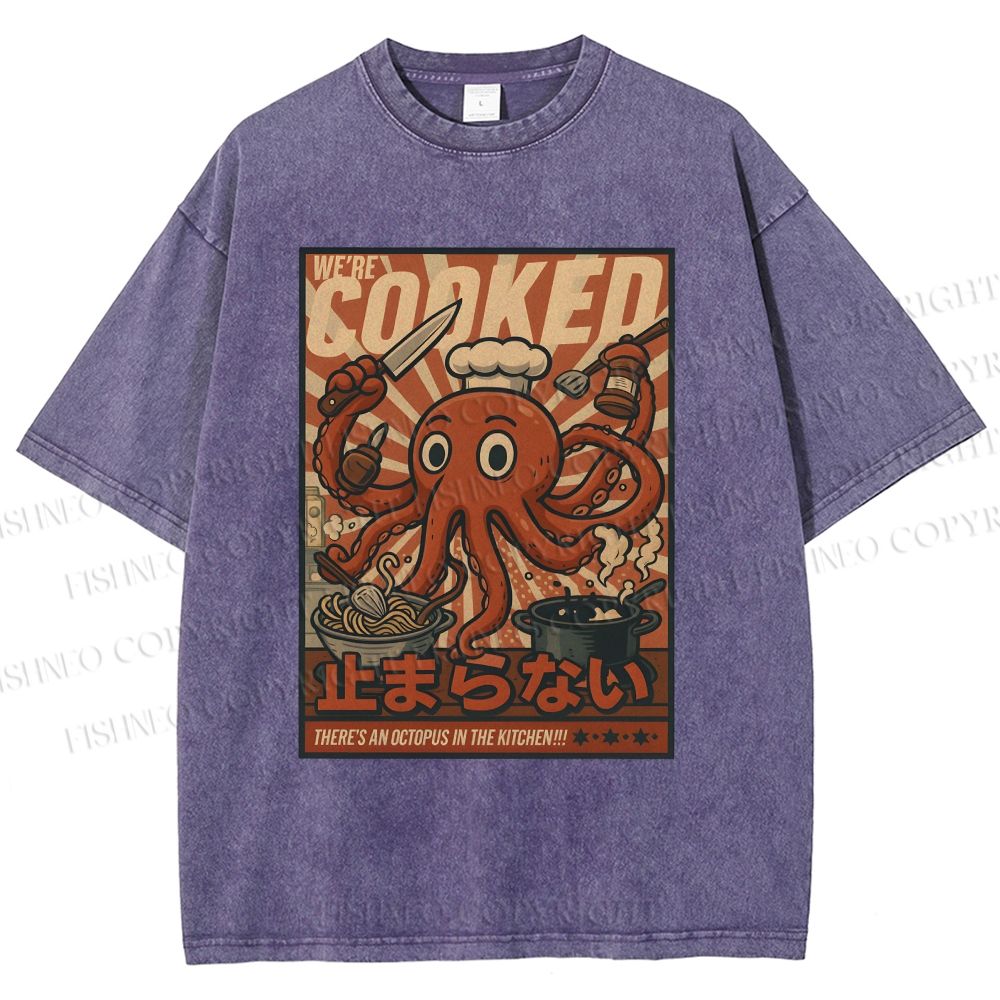 Unisex Japanese Cooking Octopus Printed Washed Tee