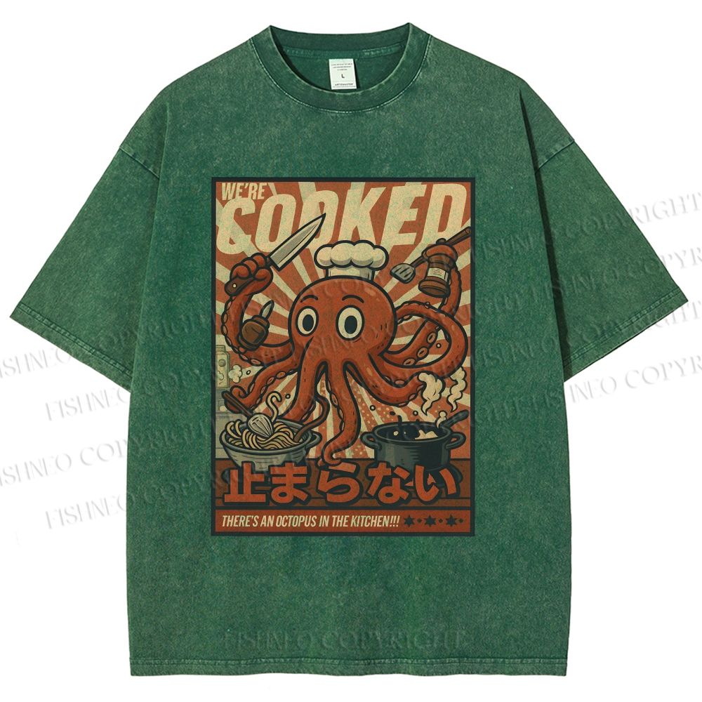 Unisex Japanese Cooking Octopus Printed Washed Tee