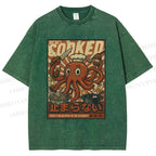 Unisex Japanese Cooking Octopus Printed Washed Tee
