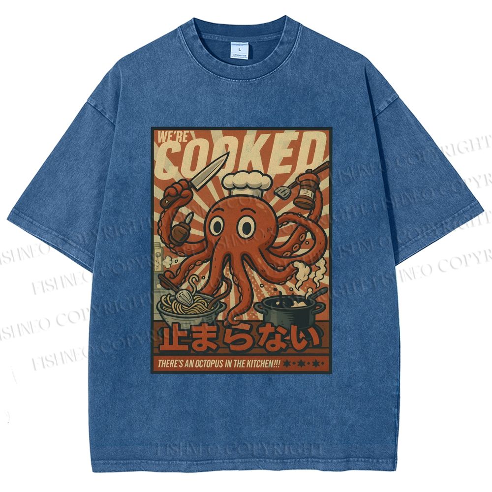 Unisex Japanese Cooking Octopus Printed Washed Tee