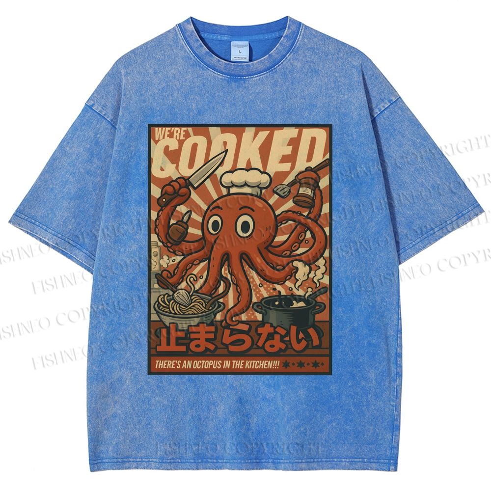 Unisex Japanese Cooking Octopus Printed Washed Tee
