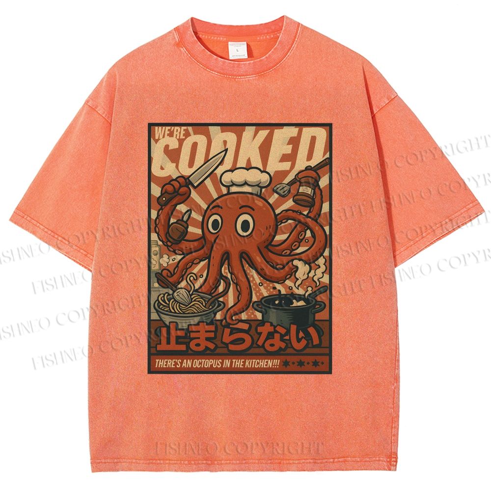 Unisex Japanese Cooking Octopus Printed Washed Tee