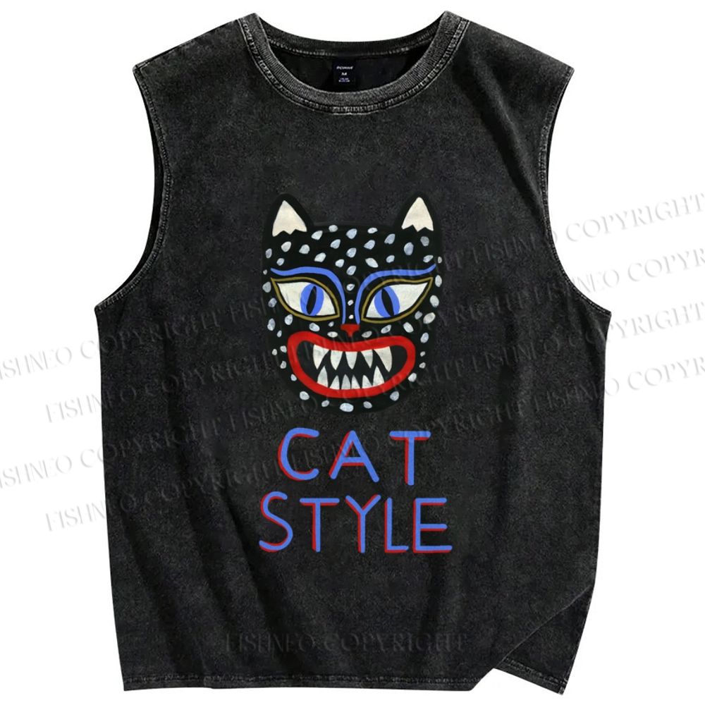 Unisex Art Cat Style Printed Washed Tank Top