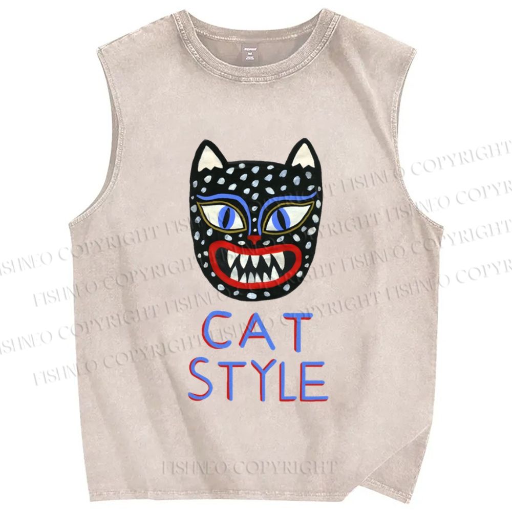 Unisex Art Cat Style Printed Washed Tank Top
