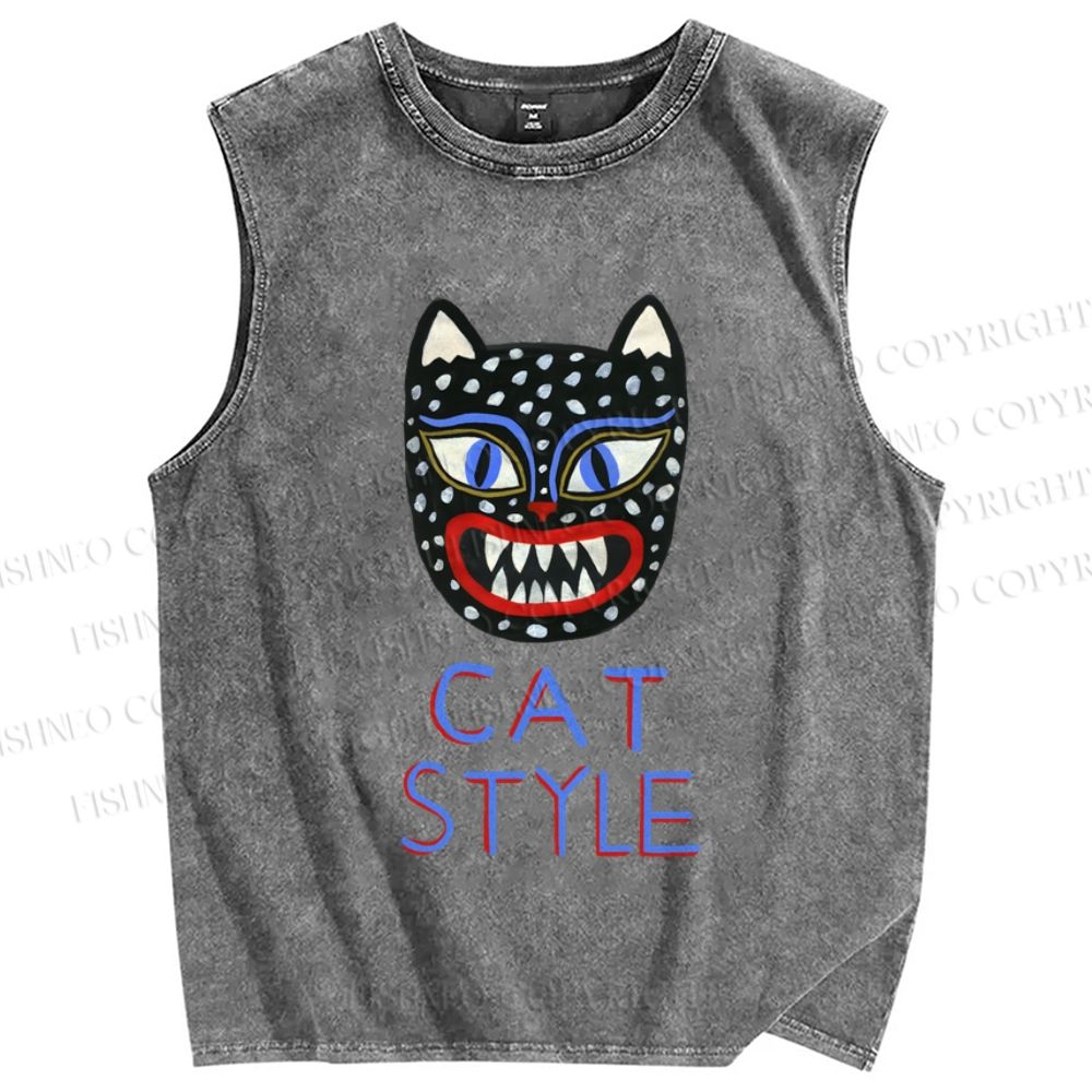 Unisex Art Cat Style Printed Washed Tank Top