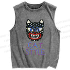 Unisex Art Cat Style Printed Washed Tank Top