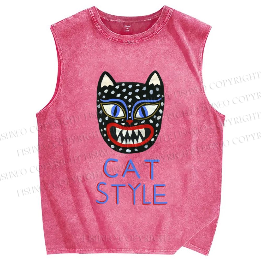 Unisex Art Cat Style Printed Washed Tank Top