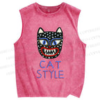 Unisex Art Cat Style Printed Washed Tank Top