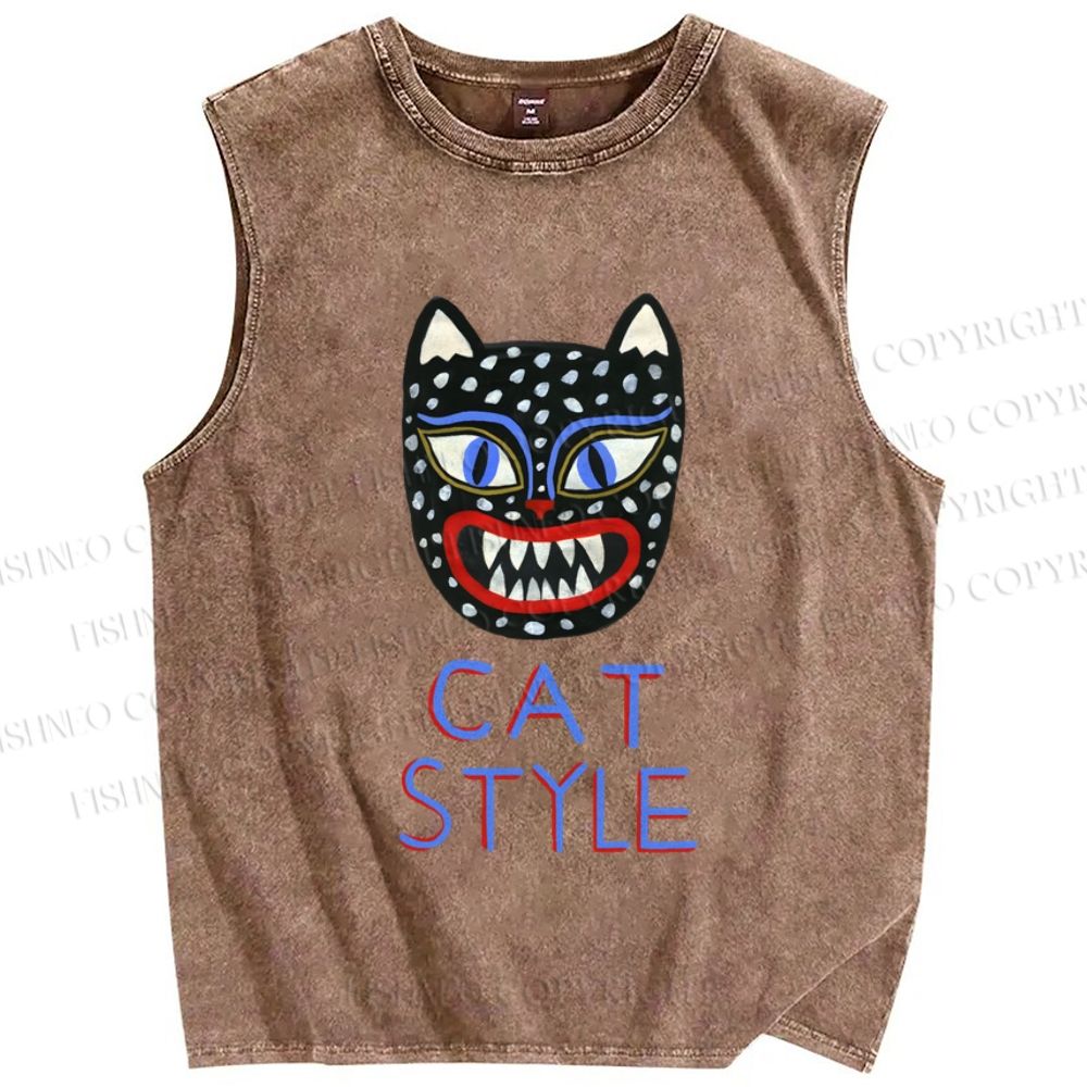 Unisex Art Cat Style Printed Washed Tank Top