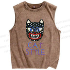 Unisex Art Cat Style Printed Washed Tank Top