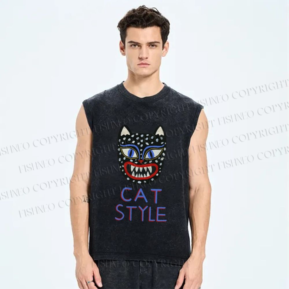 Unisex Art Cat Style Printed Washed Tank Top