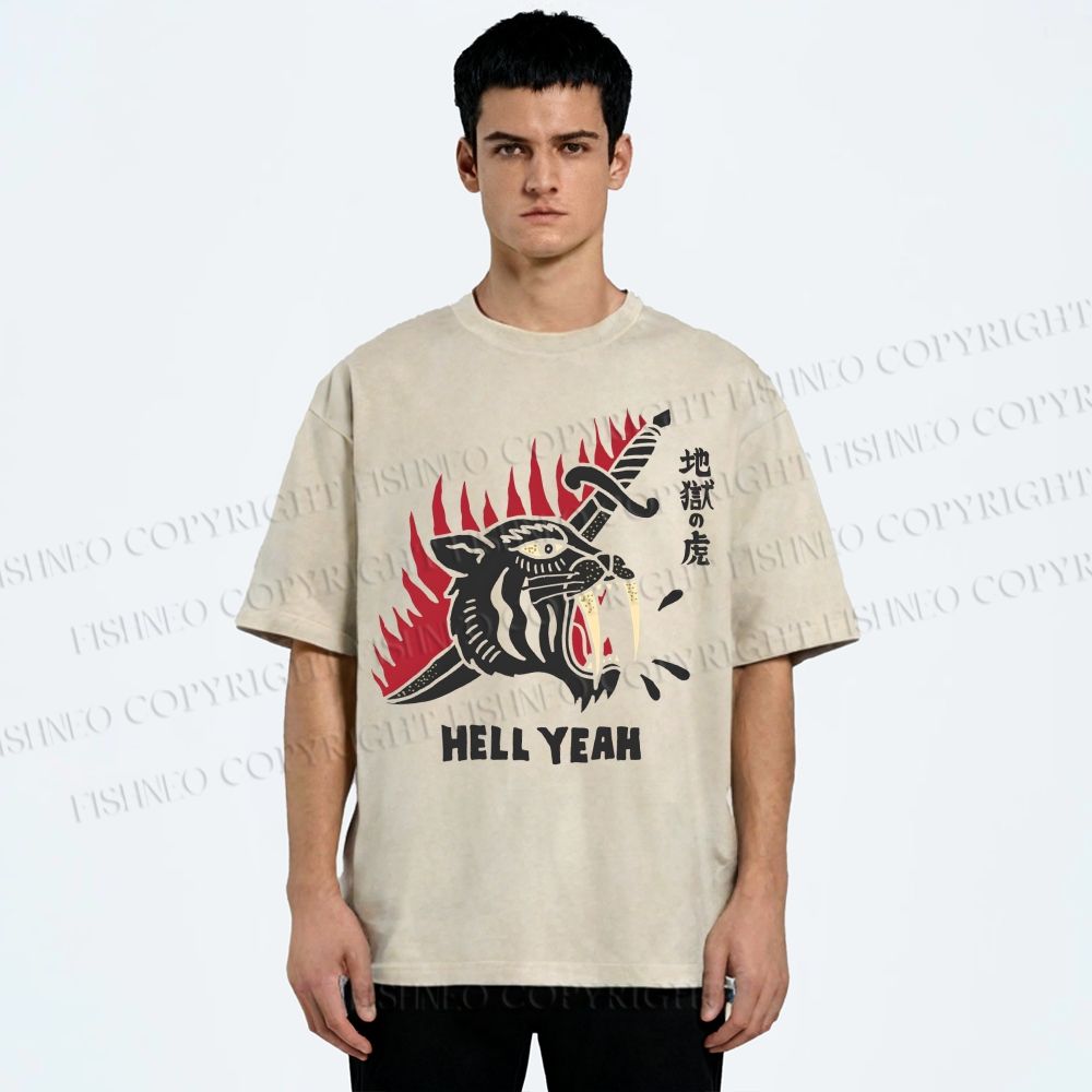 Unisex Hell Tiger Printed Washed Tee