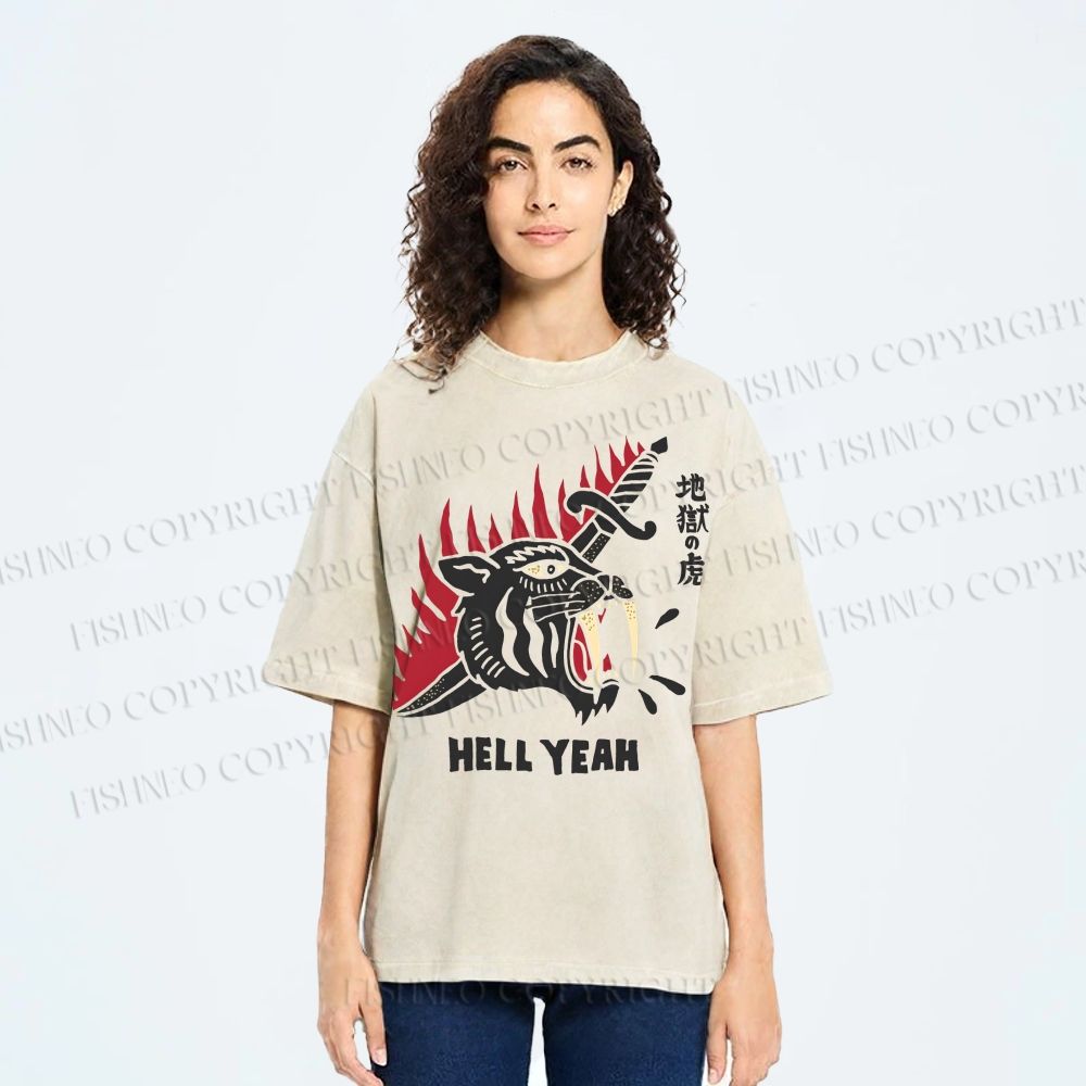 Unisex Hell Tiger Printed Washed Tee