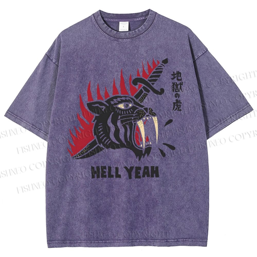 Unisex Hell Tiger Printed Washed Tee