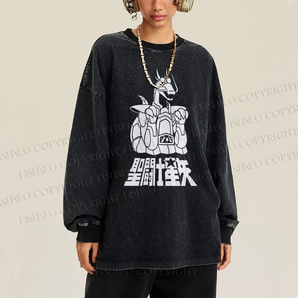 Unisex Casual Washed Saint Seiya Printed Long Sleeve T-shirt