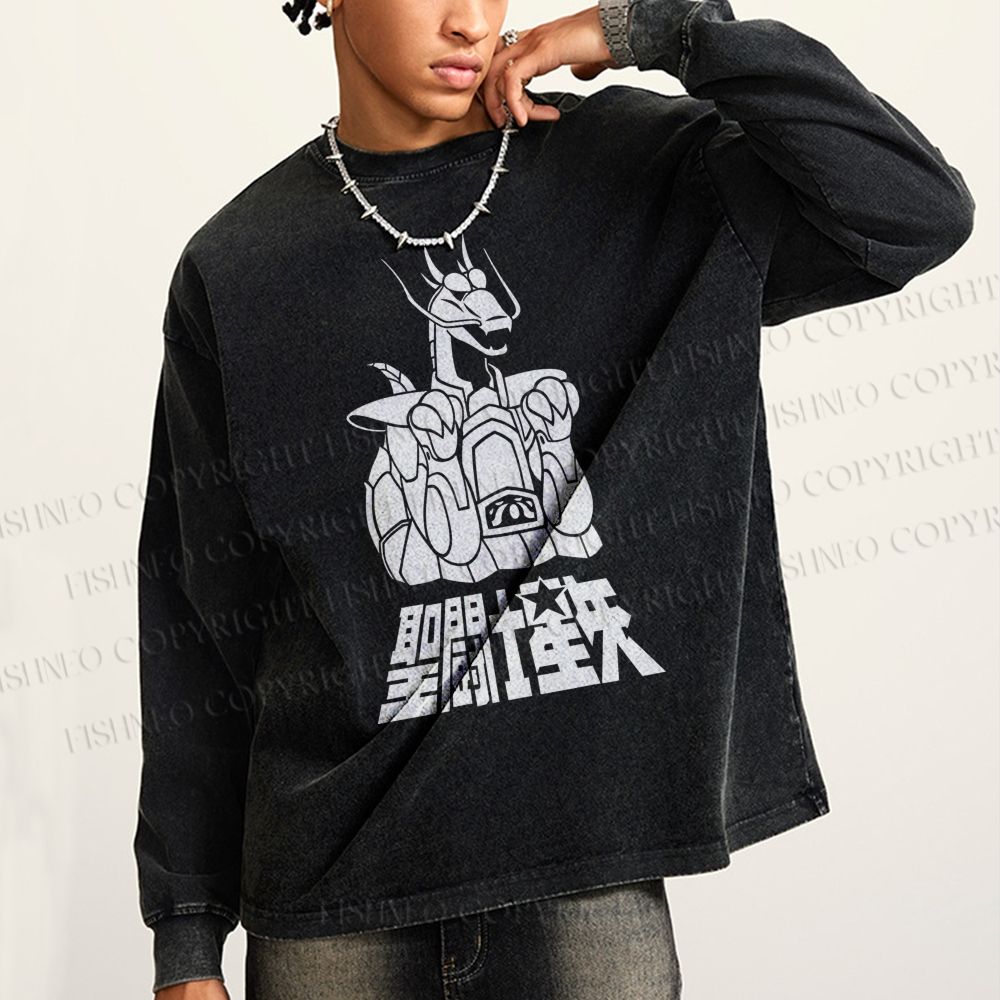 Unisex Casual Washed Saint Seiya Printed Long Sleeve T-shirt