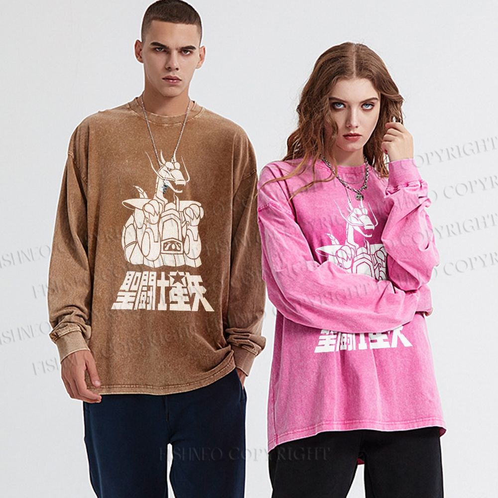 Unisex Casual Washed Saint Seiya Printed Long Sleeve T-shirt