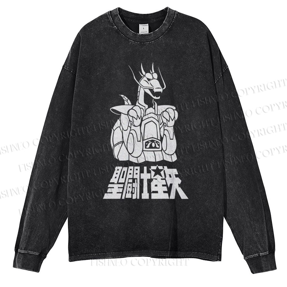 Unisex Casual Washed Saint Seiya Printed Long Sleeve T-shirt
