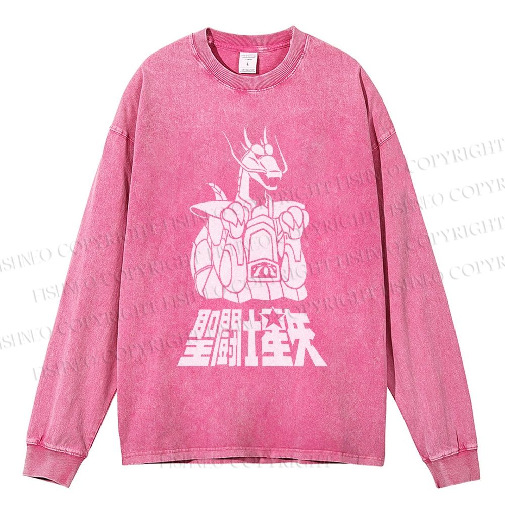 Unisex Casual Washed Saint Seiya Printed Long Sleeve T-shirt