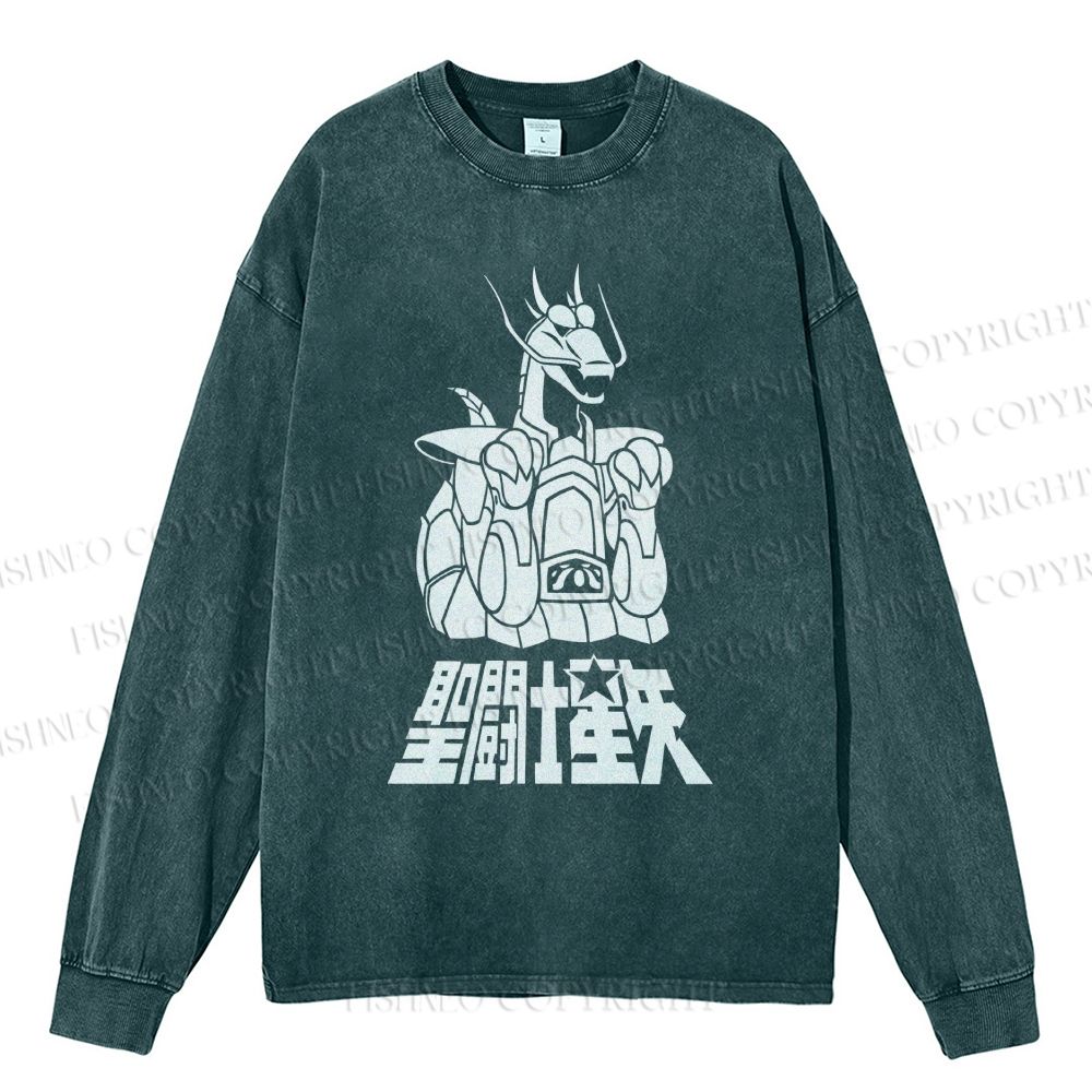 Unisex Casual Washed Saint Seiya Printed Long Sleeve T-shirt