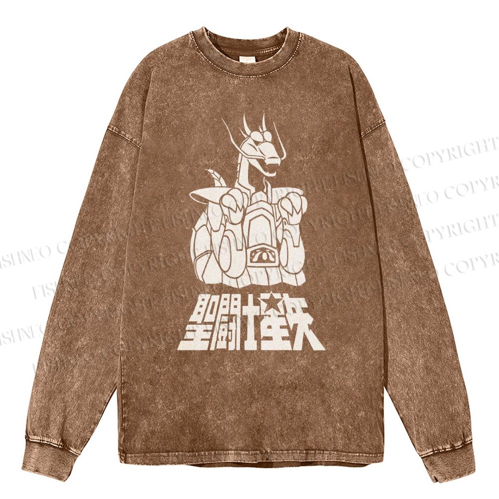 Unisex Casual Washed Saint Seiya Printed Long Sleeve T-shirt