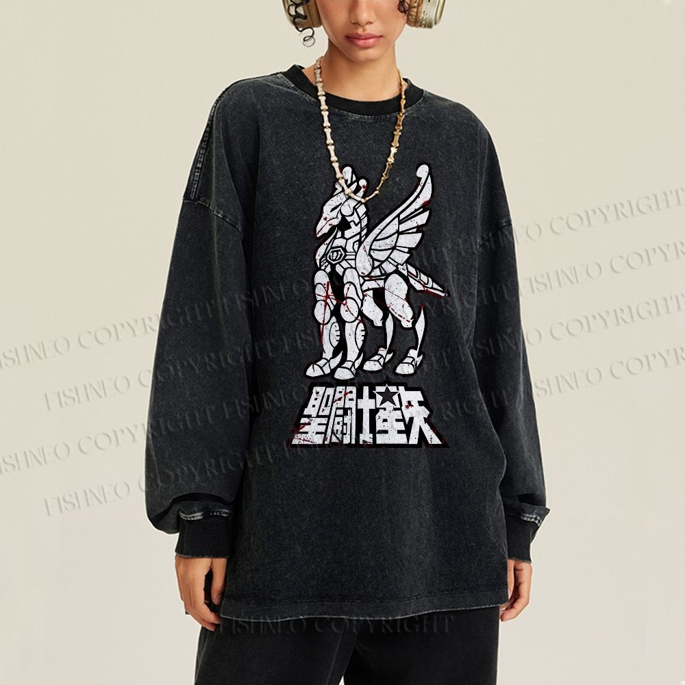 Unisex Casual Washed Pegasus Seiya Printed Long Sleeve T-shirt