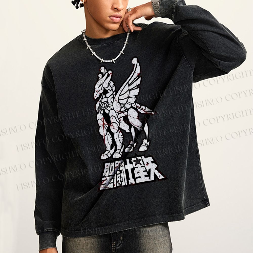 Unisex Casual Washed Pegasus Seiya Printed Long Sleeve T-shirt