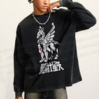 Unisex Casual Washed Pegasus Seiya Printed Long Sleeve T-shirt