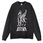 Unisex Casual Washed Pegasus Seiya Printed Long Sleeve T-shirt