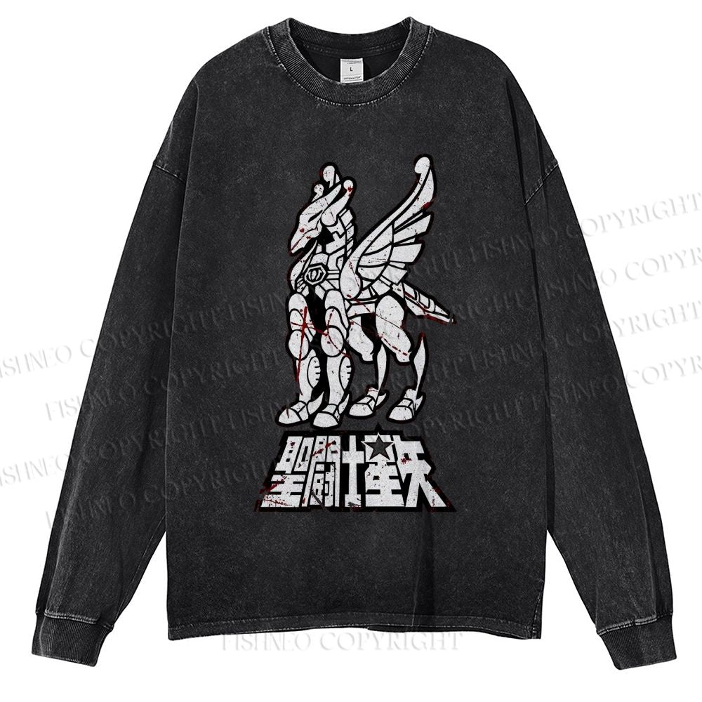 Unisex Casual Washed Pegasus Seiya Printed Long Sleeve T-shirt