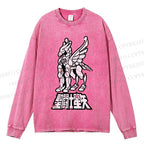 Unisex Casual Washed Pegasus Seiya Printed Long Sleeve T-shirt