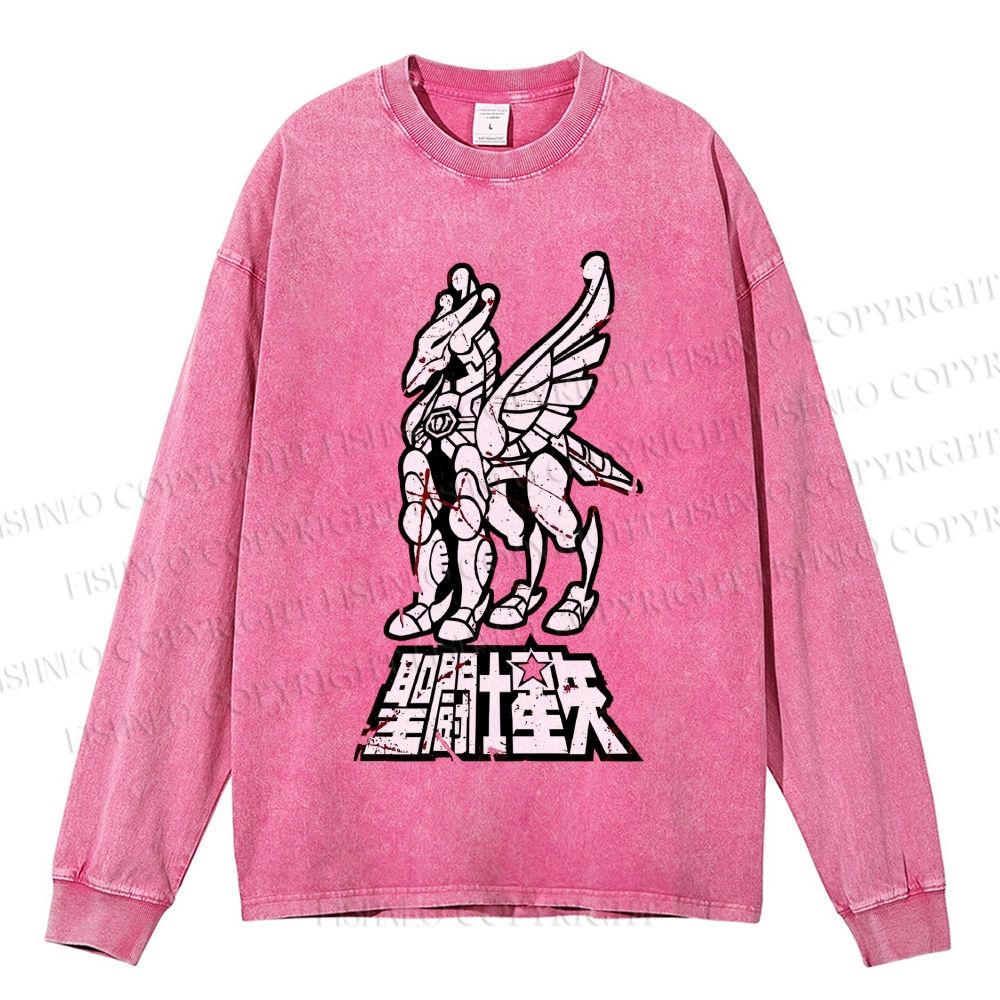 Unisex Casual Washed Pegasus Seiya Printed Long Sleeve T-shirt