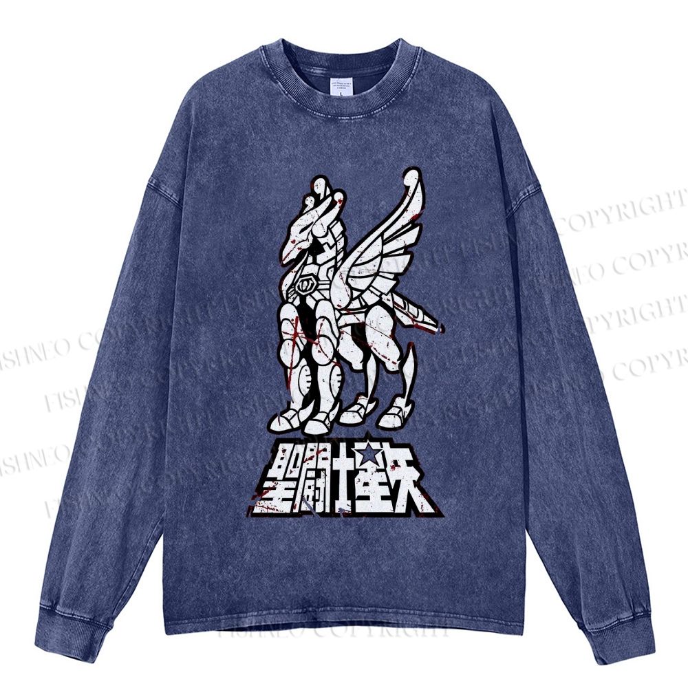 Unisex Casual Washed Pegasus Seiya Printed Long Sleeve T-shirt