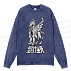 Unisex Casual Washed Pegasus Seiya Printed Long Sleeve T-shirt
