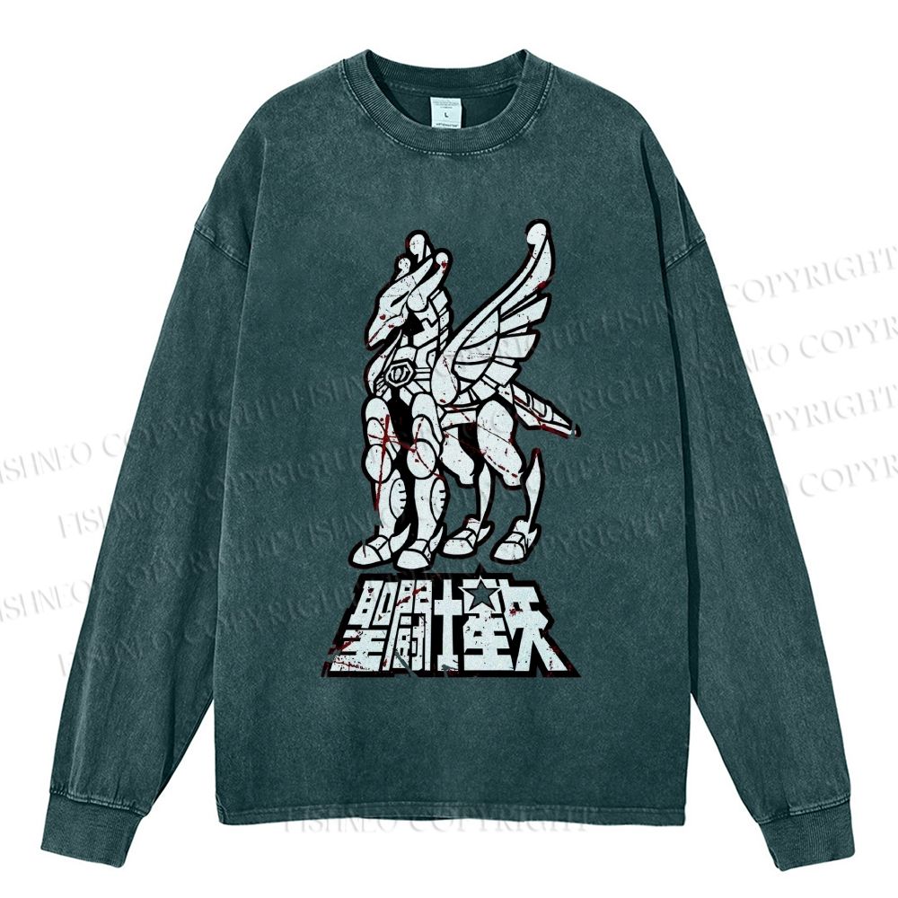Unisex Casual Washed Pegasus Seiya Printed Long Sleeve T-shirt