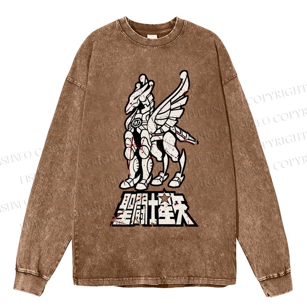 Unisex Casual Washed Pegasus Seiya Printed Long Sleeve T-shirt