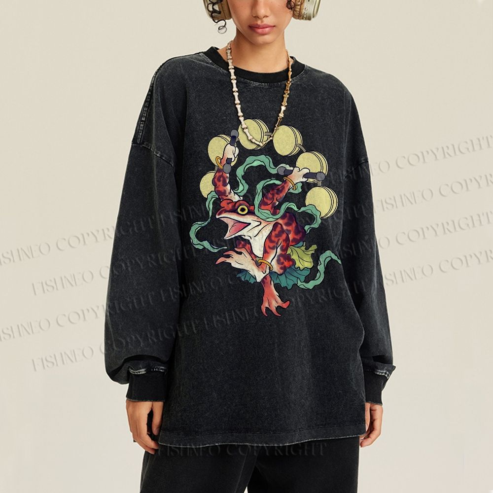 Unisex Casual Washed Vintage Japanese Dancing Frog Printed Long Sleeve T-shirt