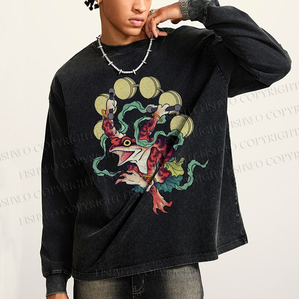 Unisex Casual Washed Vintage Japanese Dancing Frog Printed Long Sleeve T-shirt