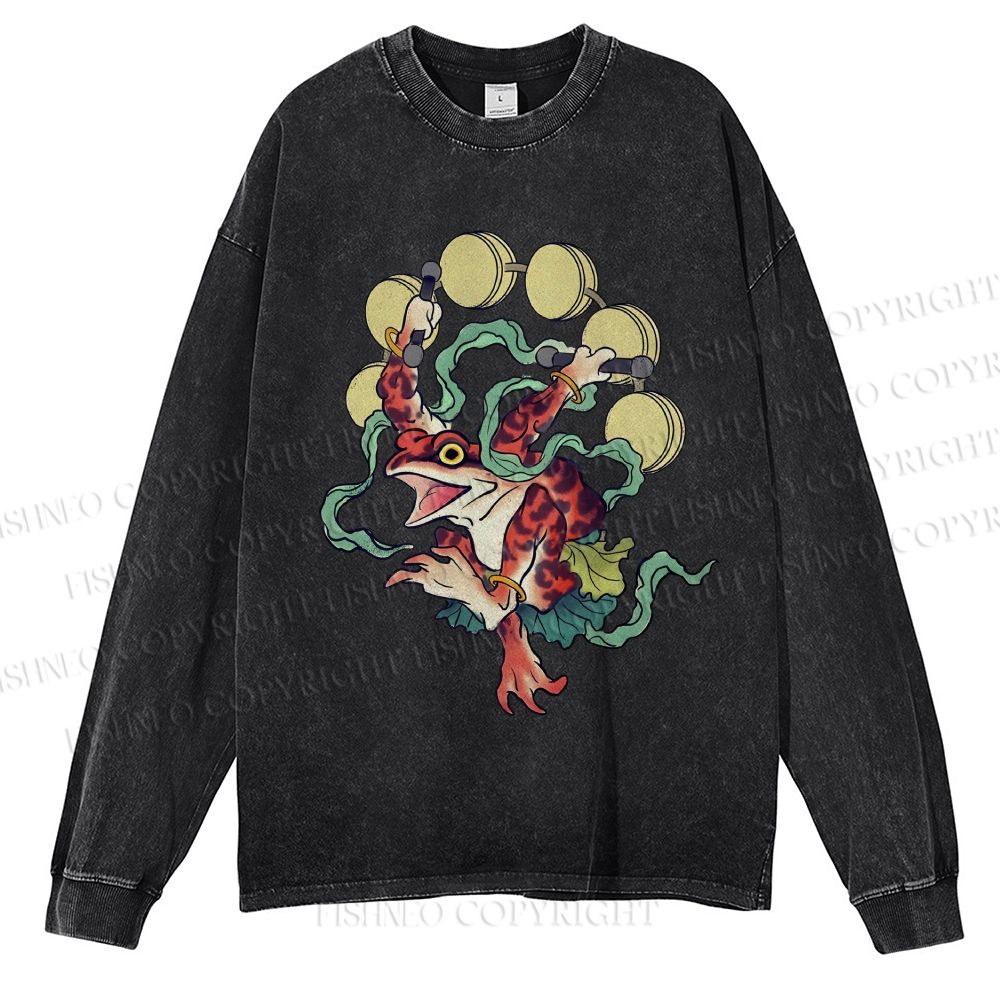 Unisex Casual Washed Vintage Japanese Dancing Frog Printed Long Sleeve T-shirt