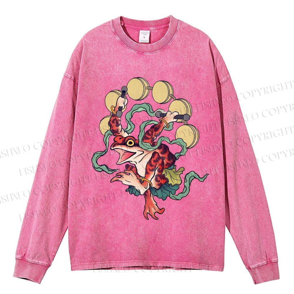 Unisex Casual Washed Vintage Japanese Dancing Frog Printed Long Sleeve T-shirt