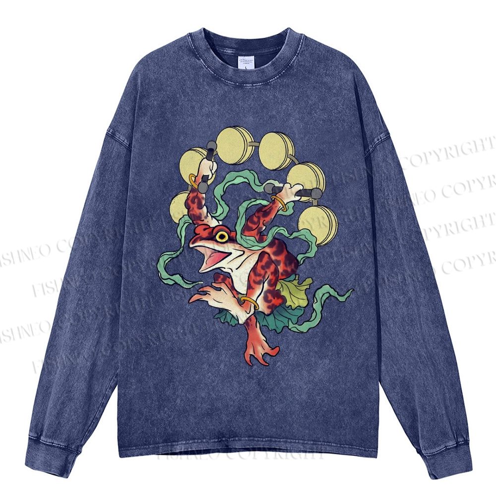 Unisex Casual Washed Vintage Japanese Dancing Frog Printed Long Sleeve T-shirt
