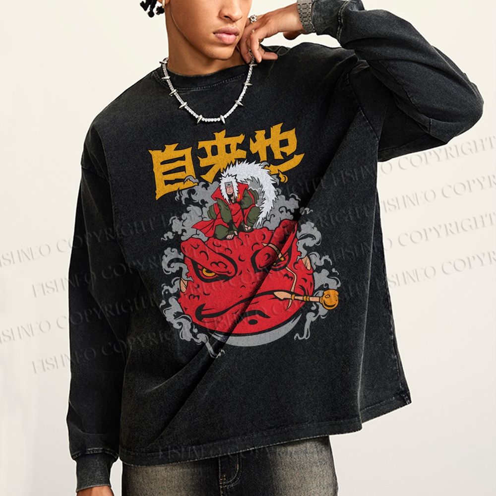 Unisex Casual Washed Jirayia Printed Long Sleeve T-shirt