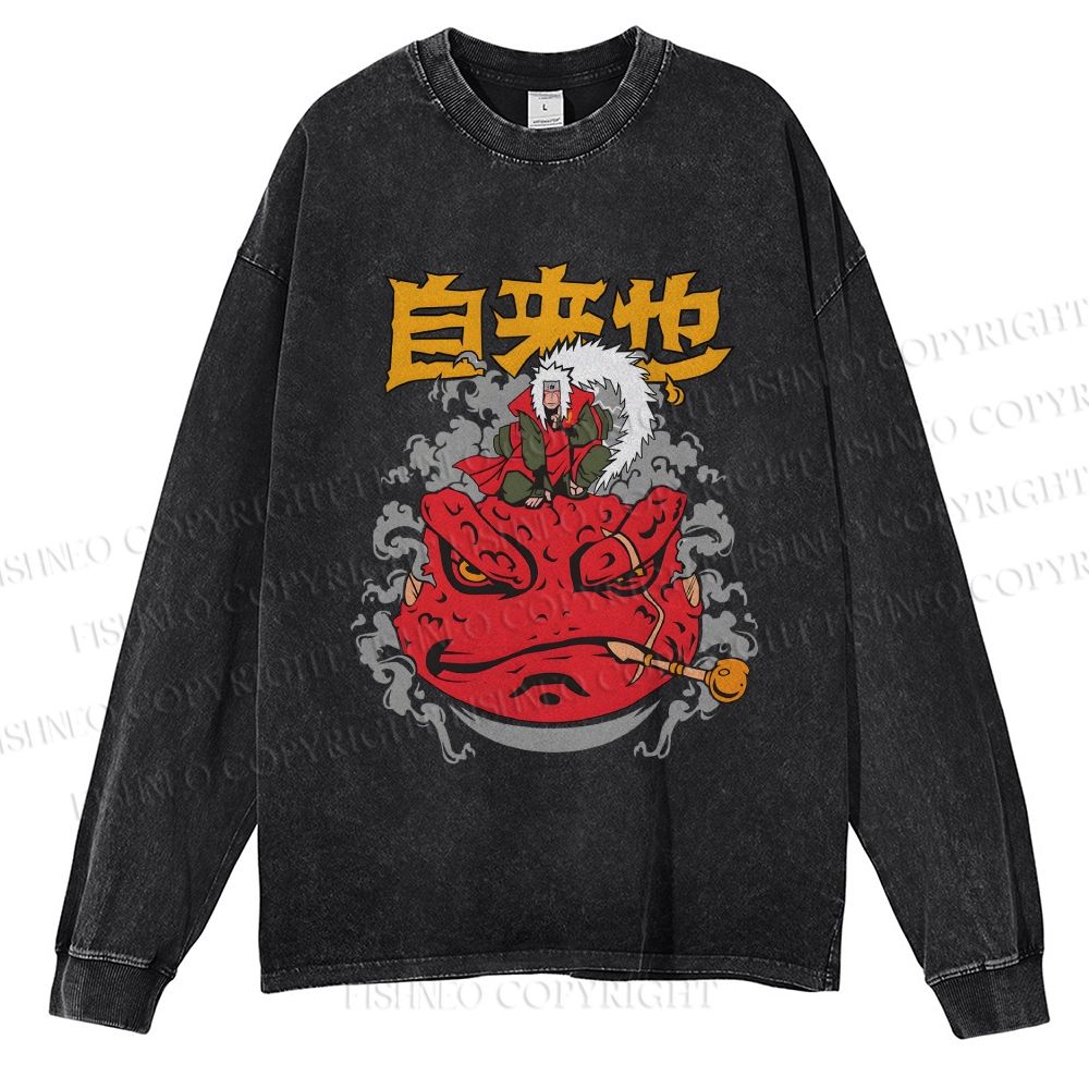 Unisex Casual Washed Jirayia Printed Long Sleeve T-shirt