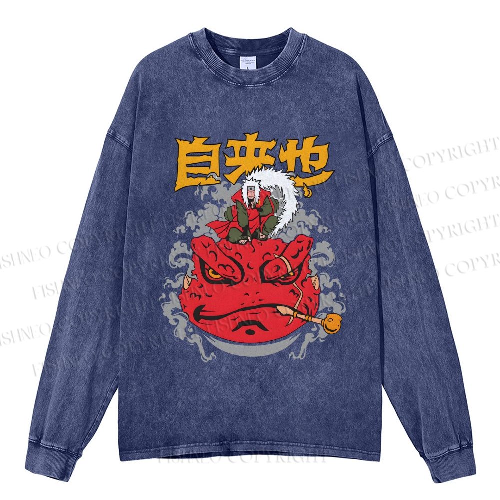 Unisex Casual Washed Jirayia Printed Long Sleeve T-shirt