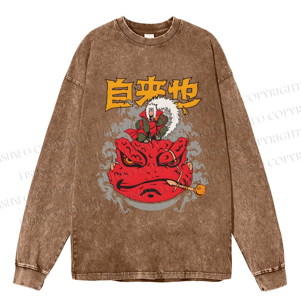 Unisex Casual Washed Jirayia Printed Long Sleeve T-shirt